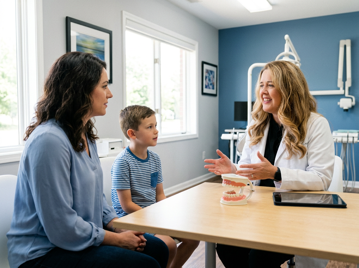 Dentist speaking warmly with a young child and her mother in a bright dental consultation room